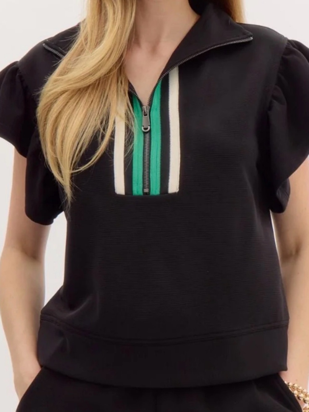 entro Black Short-Sleeve Pullover with Green and Light Gray Stripes